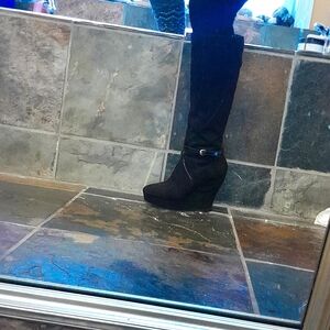 Super hot black Nine West Velvet Wedge Tall Boots petit silver ankle buckle 6.5